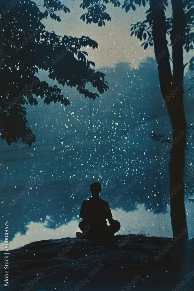 A person sitting alone on a hill, gazing up at the vast night sky filled with stars A person sitting alone on a hill, gazing up at the vast night sky filled with stars