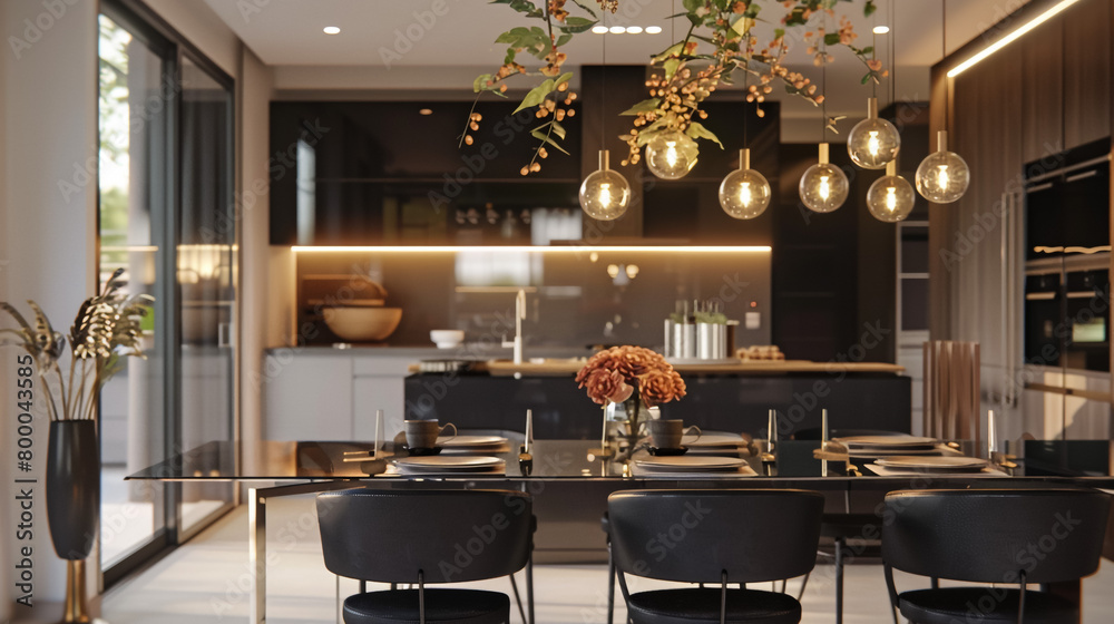 Interior of dining room with black dining tables and chairs with flower ...