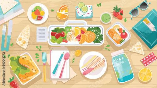 Stationery drink and lunch box with tasty food on light 