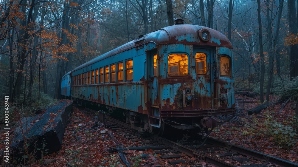 Abandoned midnight blue railway car illuminated by moonlight in a foggy forest