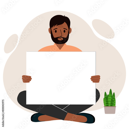A man sits cross-legged and holds a large white sheet with space for text. Advertising, poster, information, announcement. Vector flat illustration