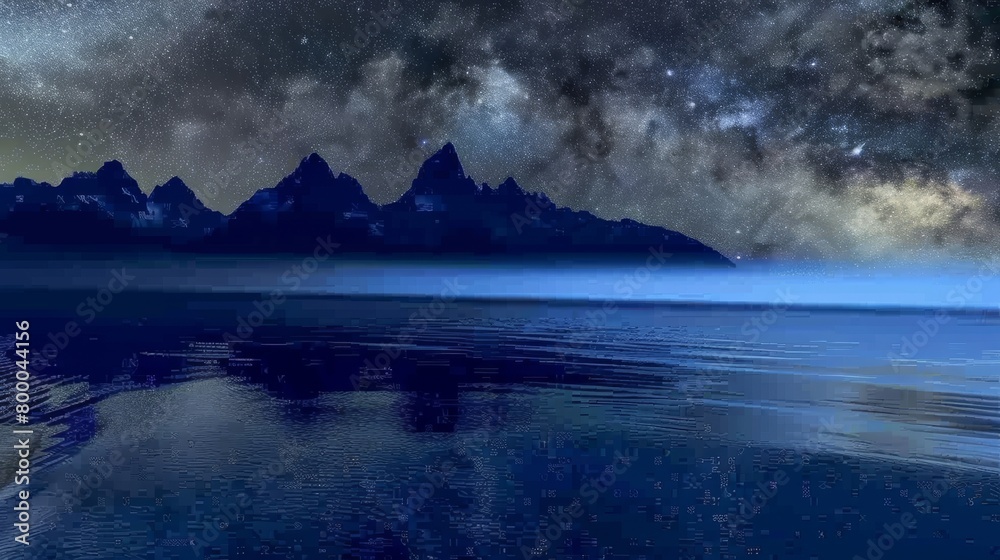 Stunning nightscape featuring a stark mountain silhouette under a starry sky reflected in a tranquil lake