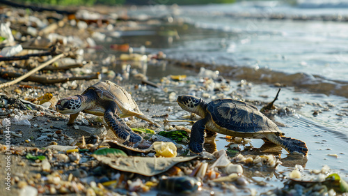 beautiful beach and blue sea polluted by waste plastic  dolphins and turtles in a polluted ocean conditions