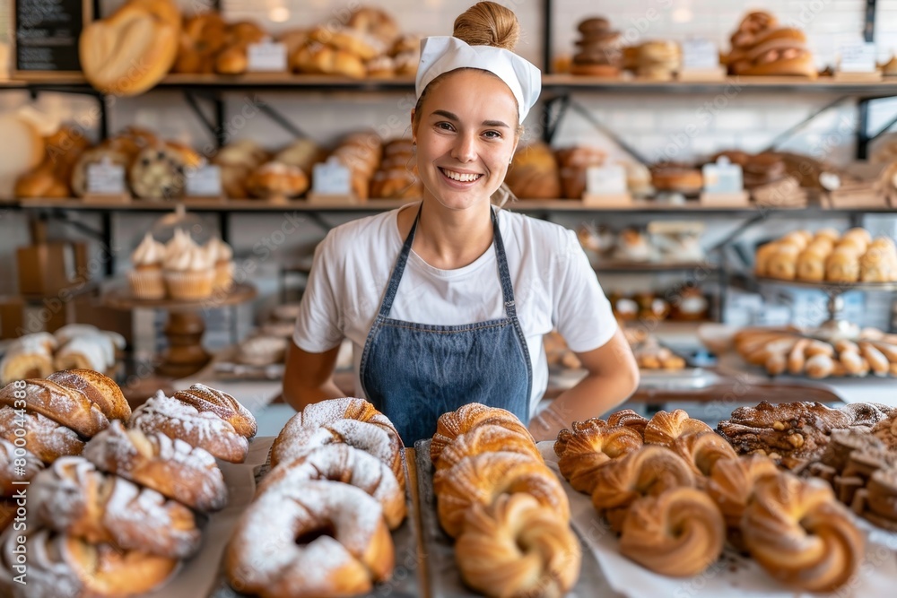 Confident female pastry chef proudly standing in her artisan bakery, showcasing her skill Confident female pastry chef proudly standing in her artisan bakery, showcasing her skill