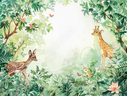 Soft watercolor scenes of nature with playful animals  framed by lush greenery  designed to evoke tranquility and peace