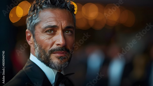 the dignified charm of a pleased gentleman in his 40s, gracefully framed in a medium shot portrait, set against the dynamic atmosphere of a fashion show runway