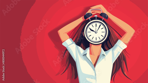 Stressed young woman with clock on red background. 