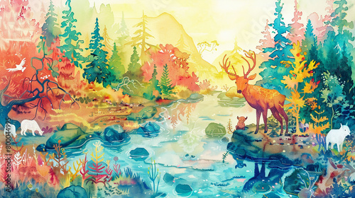 Vibrant watercolor clipart of various forest animals in a whimsical nature setting, perfect for relaxation and nature themes