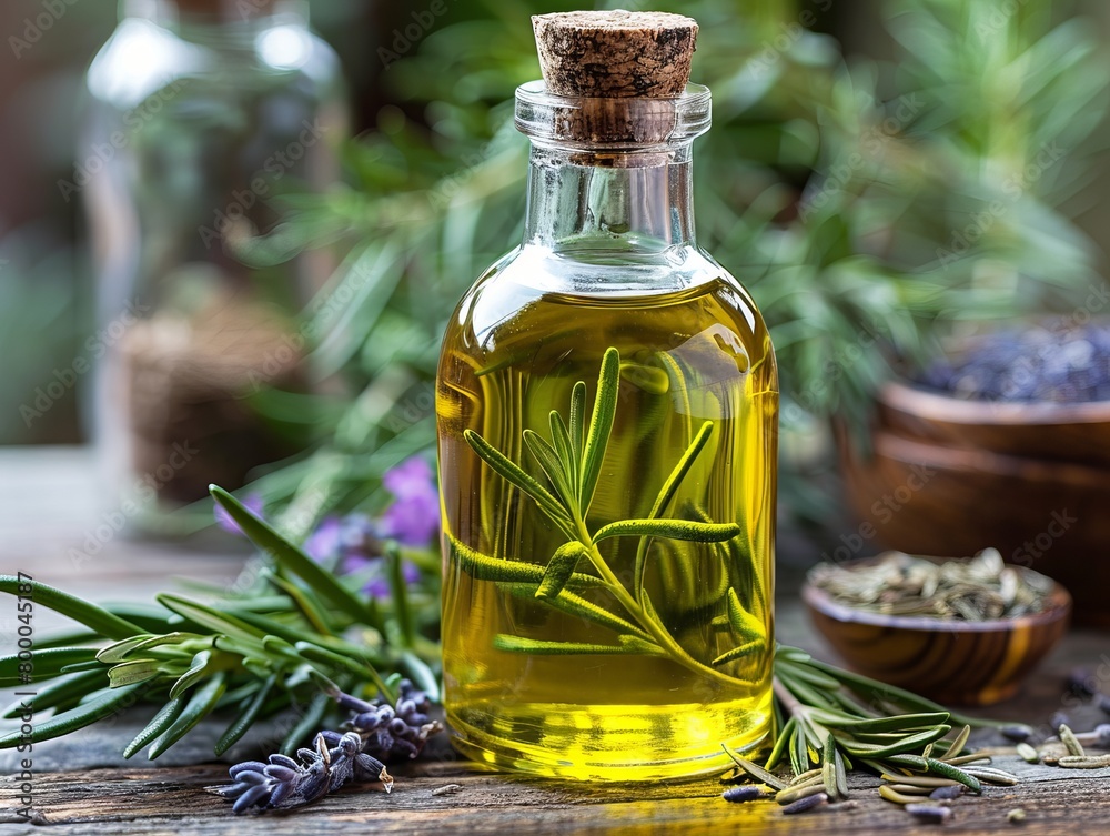 Liquid plant oil in glass bottle with rosemary essence Liquid plant oil in glass bottle with rosemary essence
