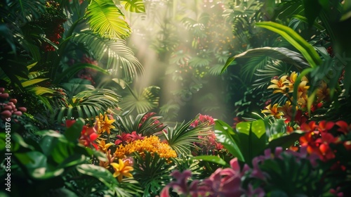 Sunlight filters through the jungle trees, illuminating the plant life below