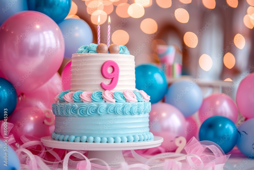 Number 9 candle on cake with balloons and decorations for celebrations on blurred background Number 9 candle on cake with balloons and decorations for celebrations on blurred background