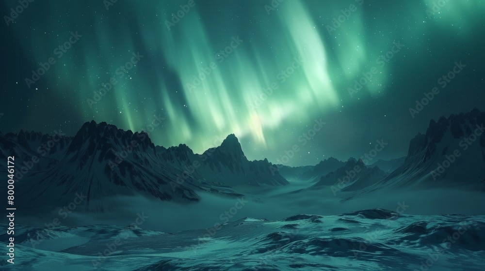 The aurora borealis illuminates the snowy mountain range under the night sky