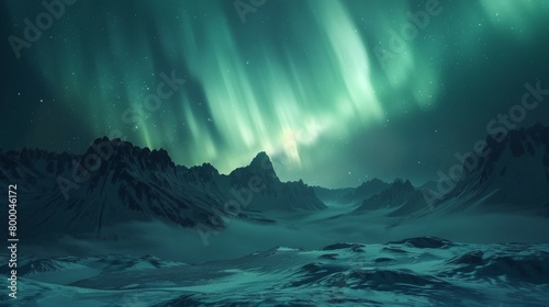 The aurora borealis illuminates the snowy mountain range under the night sky