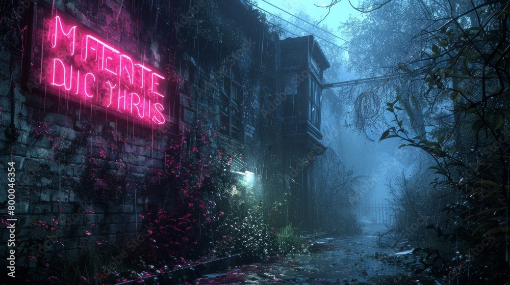 Neon signs illuminate a lush jungle at night, creating a mysterious and surreal atmosphere