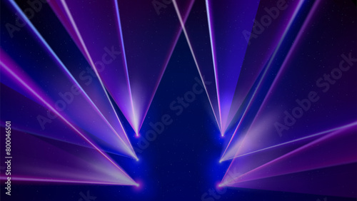 Laser light show. Bright led laser beams, dj light party, led strobe lights. Illuminated blue pink stage. Stage lighting effect. Background, backdrop for displaying products. Vector illustration