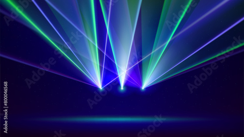 Laser light show. Bright led laser beams, dj light party. Illuminated blue green stage, led strobe lights. Background, backdrop for displaying products. Vector illustration