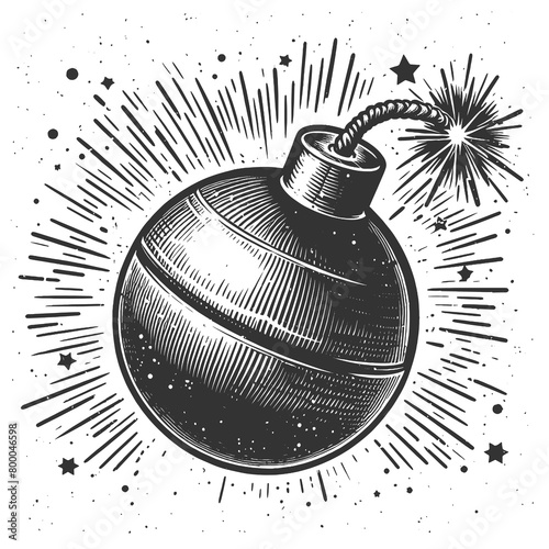  classic round bomb with a lit fuse, designed in a dynamic vintage comic style with explosion effects sketch engraving generative ai raster illustration. Scratch board imitation. Black and white image photo