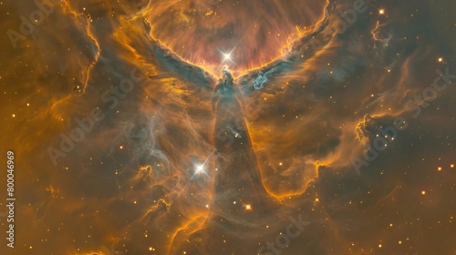 Stunning phoenix-like nebula lights up the cosmic landscape in vibrant orange and gold hues photo