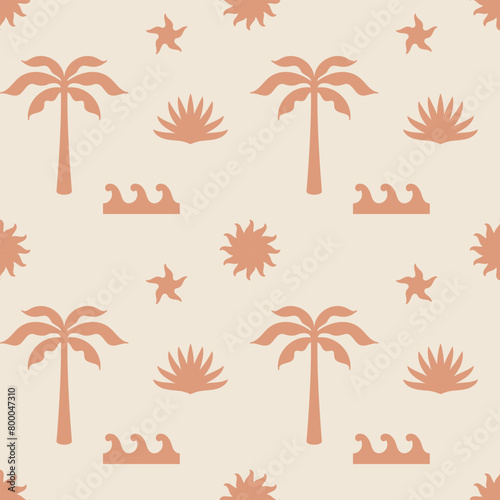 Palm tree vector seamless pattern. tropical summer background. Beach hand drawn simple boho repeat texture. Modern textile, print, wallpapers, wrapping paper.