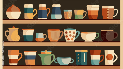 A shelf filled with handcrafted ceramics each one carefully curated and chosen to enhance the experience of drinking artisan coffee..