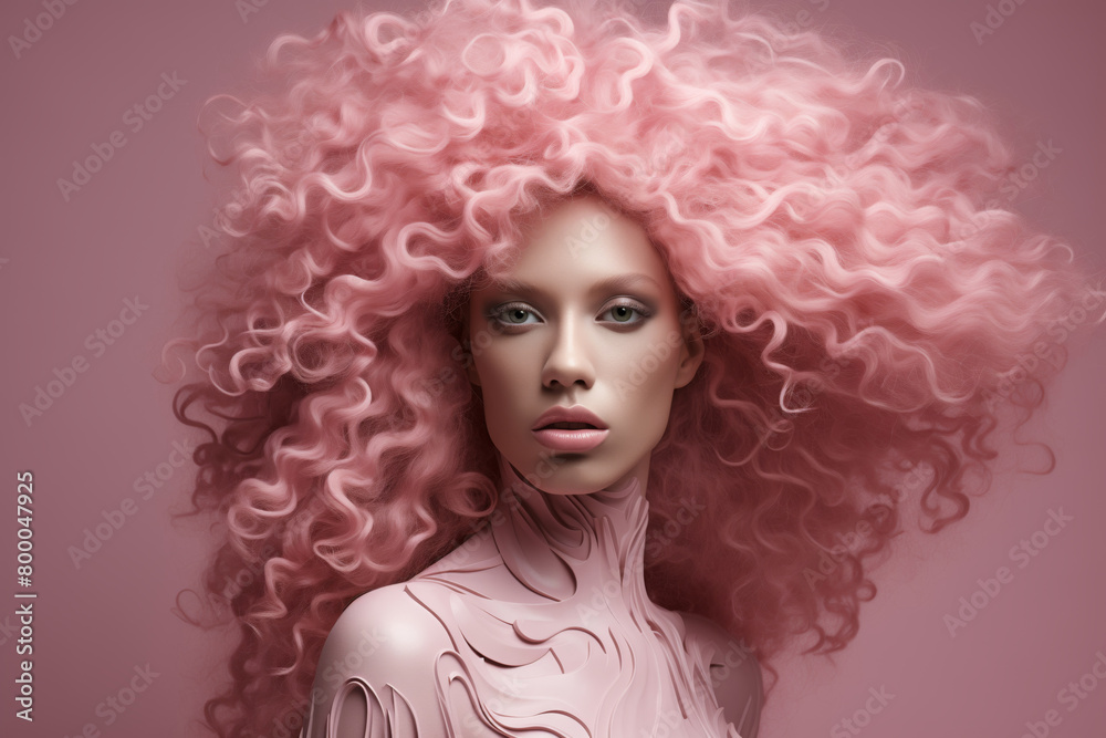 Close-up of the wavy volumetric big pink hair of a young fashionable modern woman isolated on a pastel background. Beauty and fashion concept. Woman with hair like fantasy rainbow pony