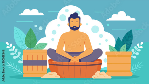 A man sitting in a sauna surrounded by steam and herbs known for their detoxifying properties as he practices selfcare and relaxation..