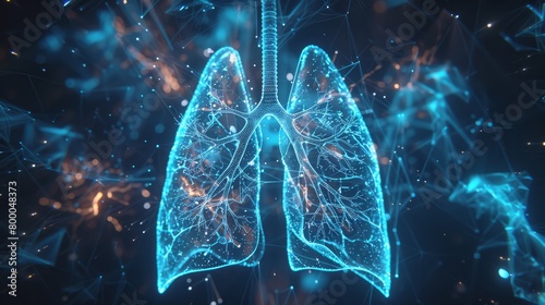 Lungs structured by a light framework of lines and dots, emphasizing the complex network of veins and arteries. Features blue polygonal triangles and connected dots, symbolizing medical technologies