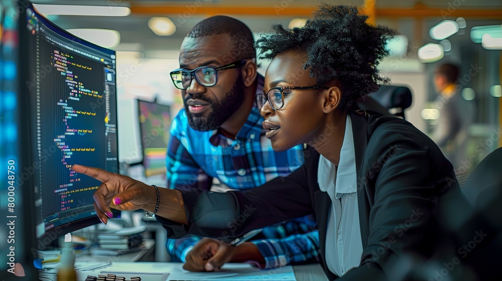 Closeup portrait of two black people man and woman computer programmers working together in office with software development at desk pointing at monitor Closeup portrait of two black people man and woman computer programmers working together in office with software development at desk pointing at monitor