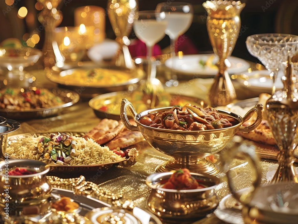 Lavish Mughlai Feast Adorned with Regal Golden Tablecloth and Gourmet Delicacies