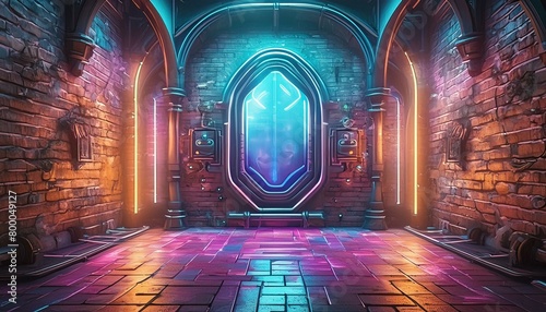 Modern futuristic neon lights on old grunge brick wall room background art, background wallpaper stone, wallpapers, photos, background, landscape, Ai Generate 