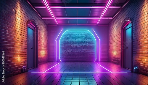 Modern futuristic neon lights on old grunge brick wall room background art, background wallpaper stone, wallpapers, photos, background, landscape, Ai Generate 