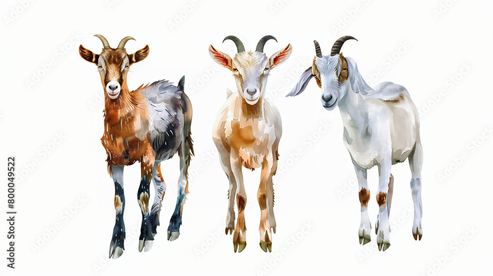 watercolour painting of 3 goats set collection isolated on white background watercolour painting of 3 goats set collection isolated on white background