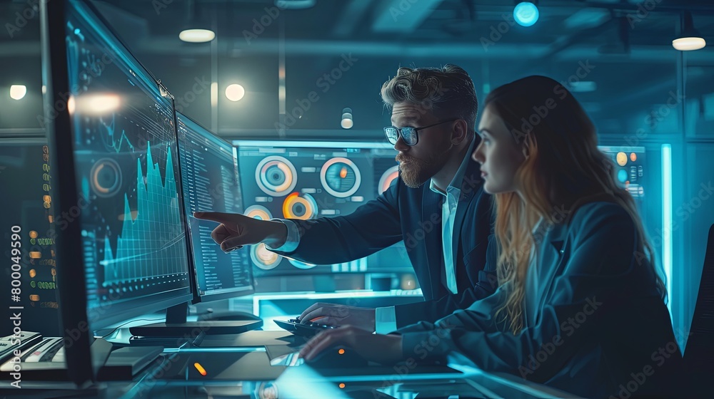Two white caucasian people man and woman data analysts working together in office with data chart at computer analyzing on laptop Two white caucasian people man and woman data analysts working together in office with data chart at computer analyzing on laptop