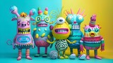 Colorful 3d monsters against bright blue and yellow background