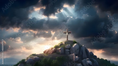 Holy cross with clouds and light covering the sky over Golgotha Hill, signifying the death and resurrection of Jesus Christ. idea of the apocalypse.