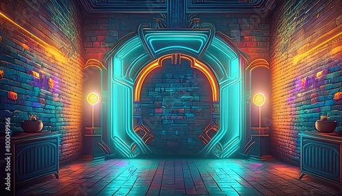 Modern futuristic neon lights on old grunge brick wall room background art, background wallpaper stone, wallpapers, photos, background, landscape, Ai Generate 