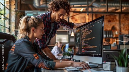 Two caucasian white software engineers man and woman working together in web development writing code on screen in program