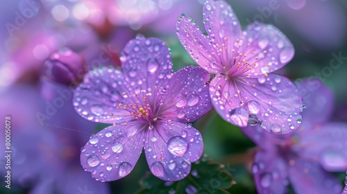 Close-up of vibrant pink wildflowers adorned with morning dew drops
