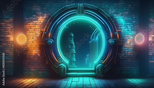 Modern futuristic neon lights on old grunge brick wall room background art, background wallpaper stone, wallpapers, photos, background, landscape, Ai Generate 