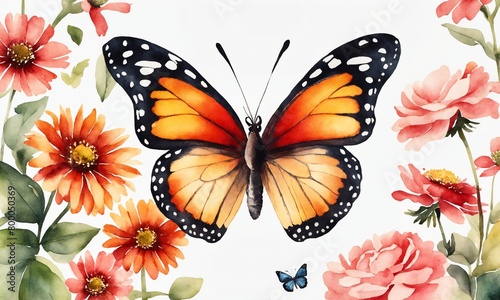 A Watercolor Masterpiece: A Delicate Butterfly Perched on Vibrant Flowers.