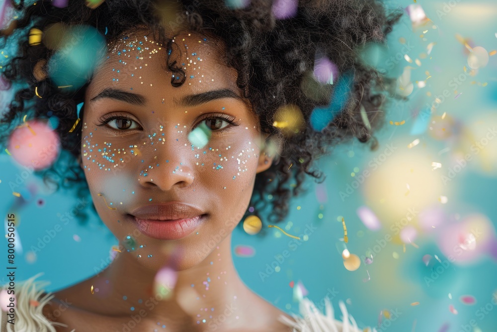 Close up studio portrait of beautiful young black woman with confetti against green background Close up studio portrait of beautiful young black woman with confetti against green background