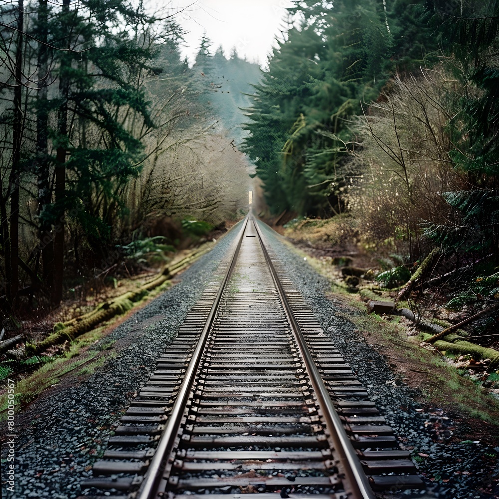 Obraz premium Winding Wooden Railway Tracks Through Serene Forested Landscape