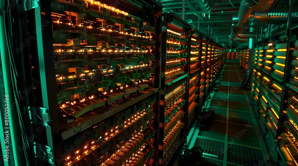 Expansive Server Farm Powering Digital Realm with Glowing Computer Racks