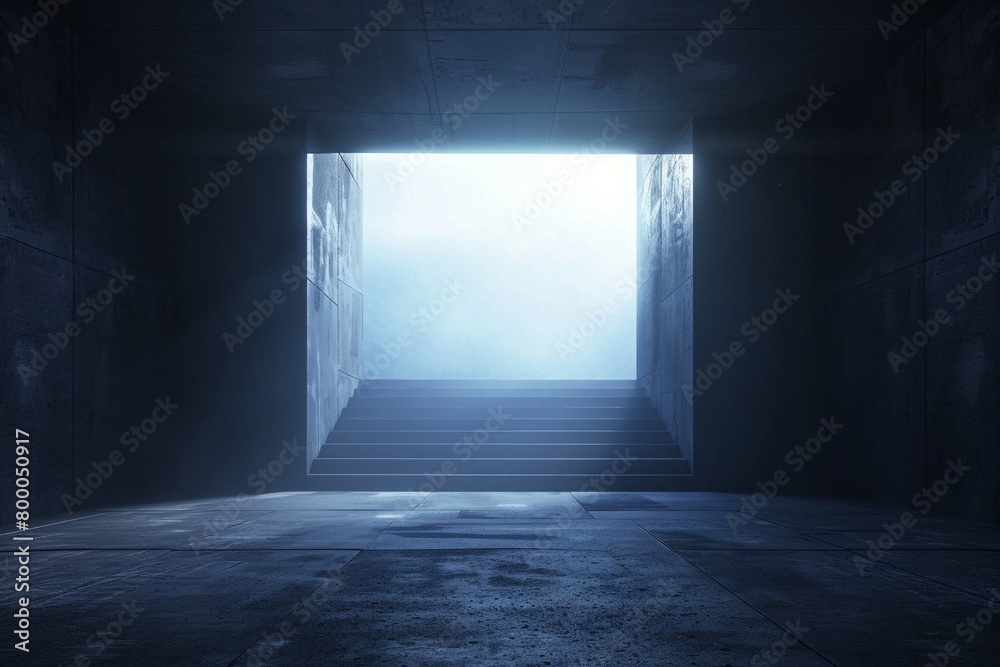 Mysterious Blue Light at Dark Concrete Corridor End
