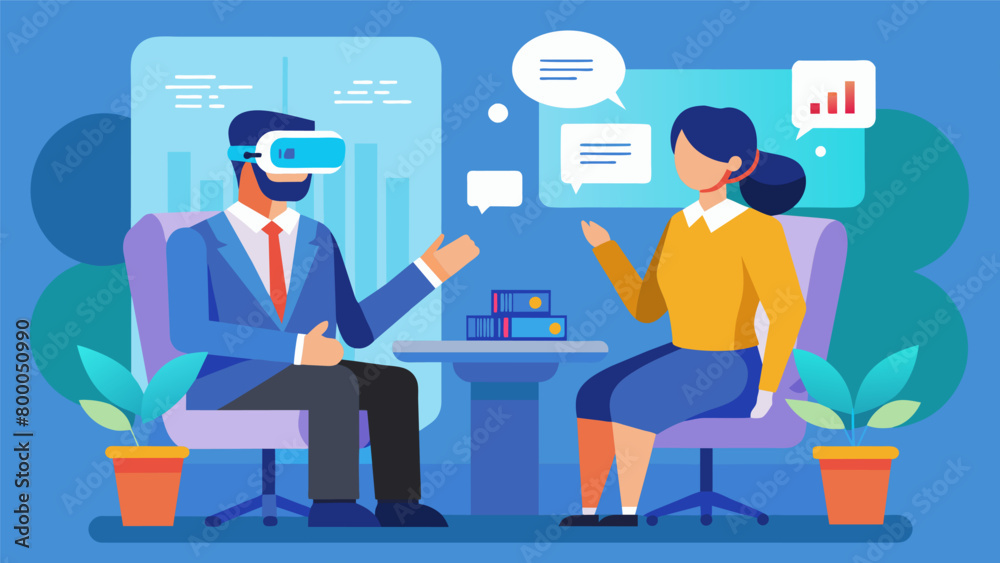 A VR experience that simulates a job interview helping someone with social anxiety prepare for reallife job interviews.. Vector illustration A VR experience that simulates a job interview helping someone with social anxiety prepare for reallife job interviews.. Vector illustration