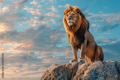 Side view of a Lion walking  looking at the camera  Panthera Leo  A lioness  Panthera leo  sitting on top of a mound  on a rocky outcrop  Single lion looking regal standing proudly on a small hill. 