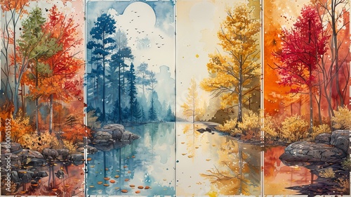 Seasonal Transition Depicted in Watercolor: Four Panels Showcasing Autumn to Winter photo