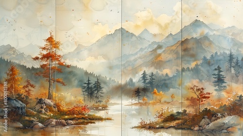 Seasonal Transition Depicted in Watercolor: Four Panels Showcasing Autumn to Winter photo