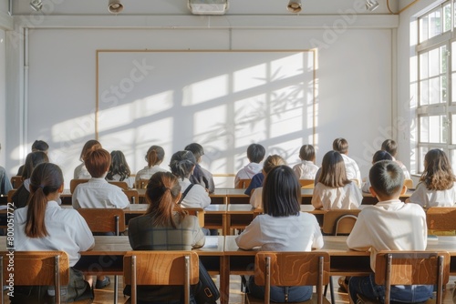 schoolchildren sitting at desks in a classroom. ai generated photo