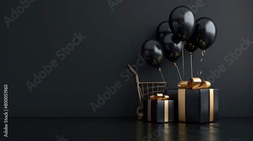 Stylish black and white photograph of a celebration setup with gold balloons, cake boxes, and presents on a dark surface.